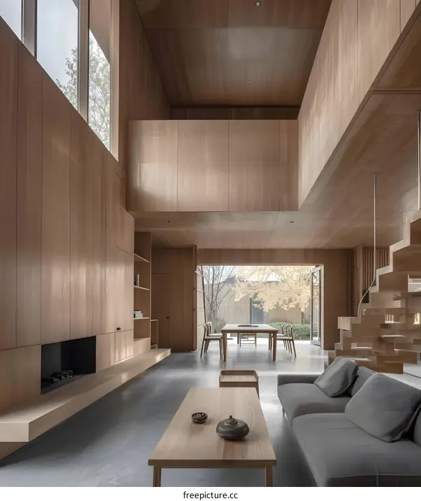 Modern Minimalist Living Room Interior Design with Wooden Walls and Staircase