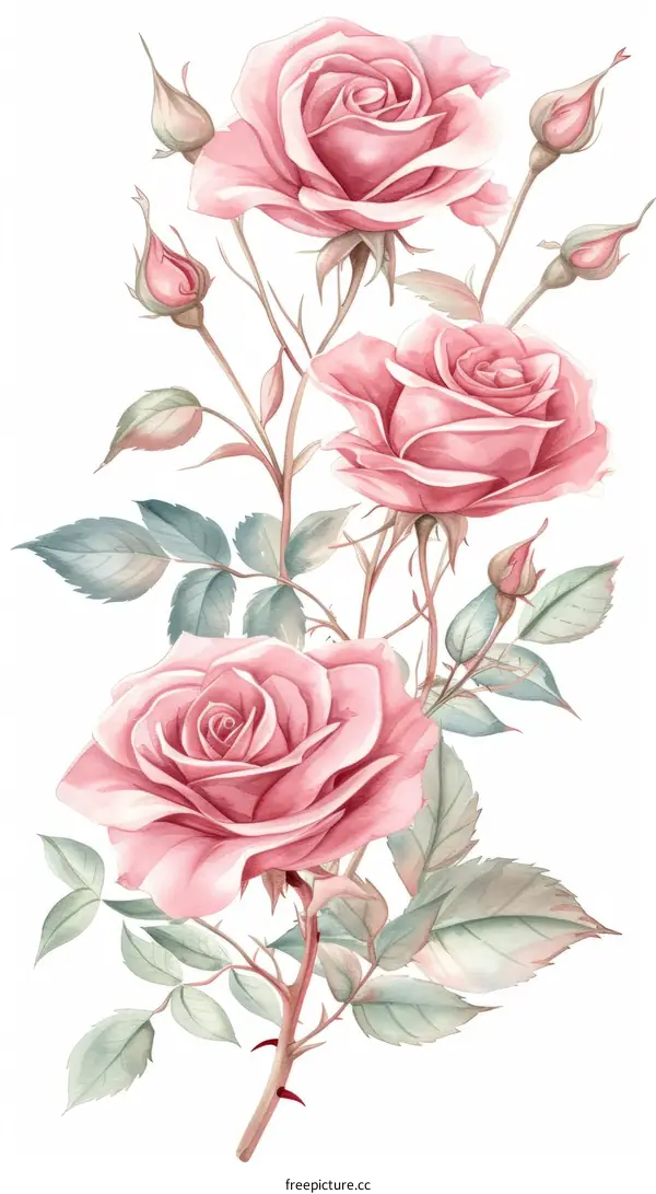 Pink roses with buds and green leaves watercolor illustration