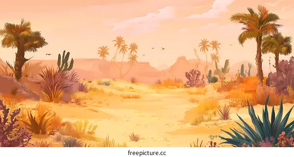Desert Landscape with Palm Trees and Cacti