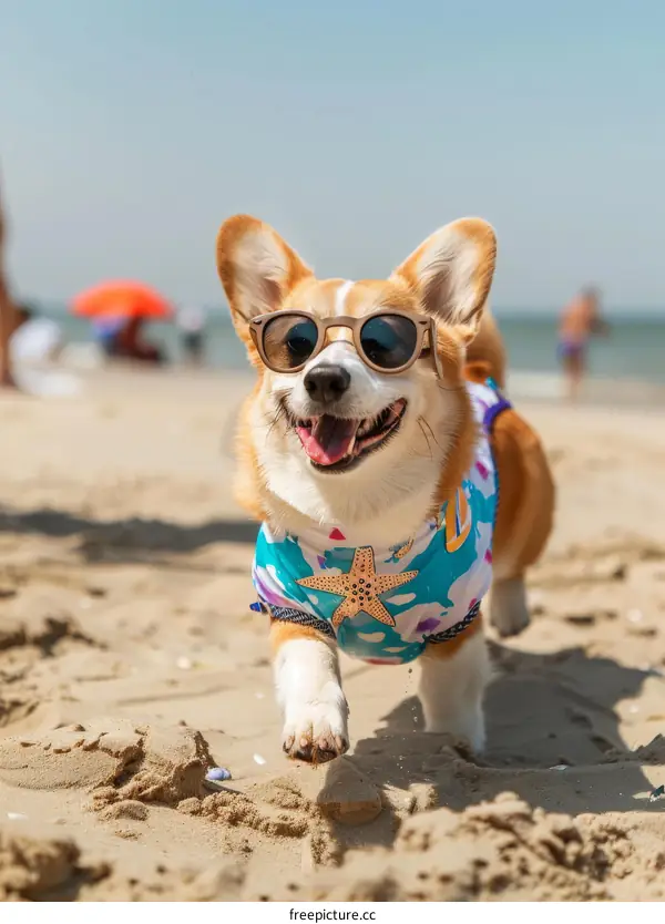 A happy corgi wearing sunglasses is running on the beach