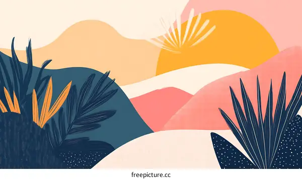Abstract Tropical Sunset Landscape with Palm Leaves