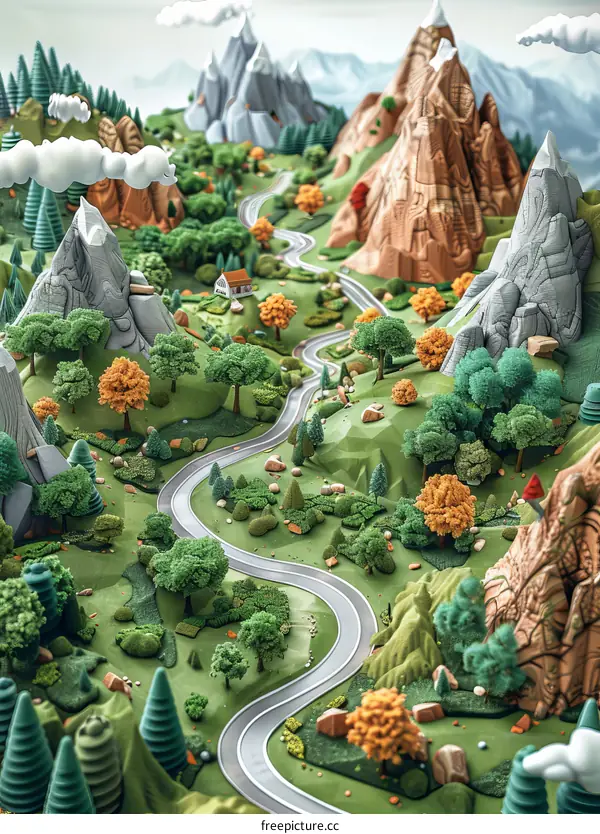 Toy Landscape with Mountains, Road and Trees