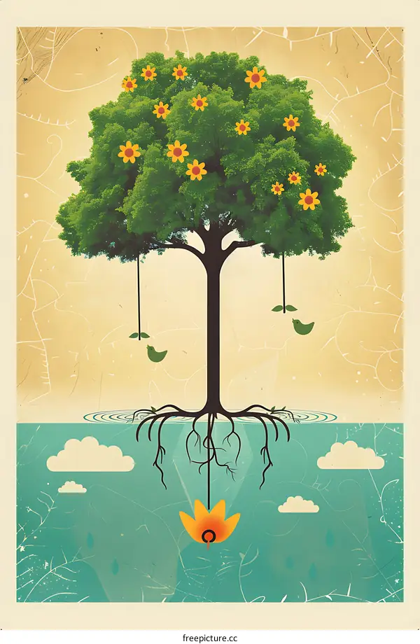 Abstract Tree with Yellow Flowers and Birds