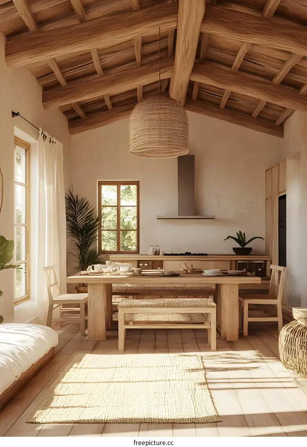 Minimalist  Wooden  Kitchen Interior Design With  Rustic  Ceiling Beams