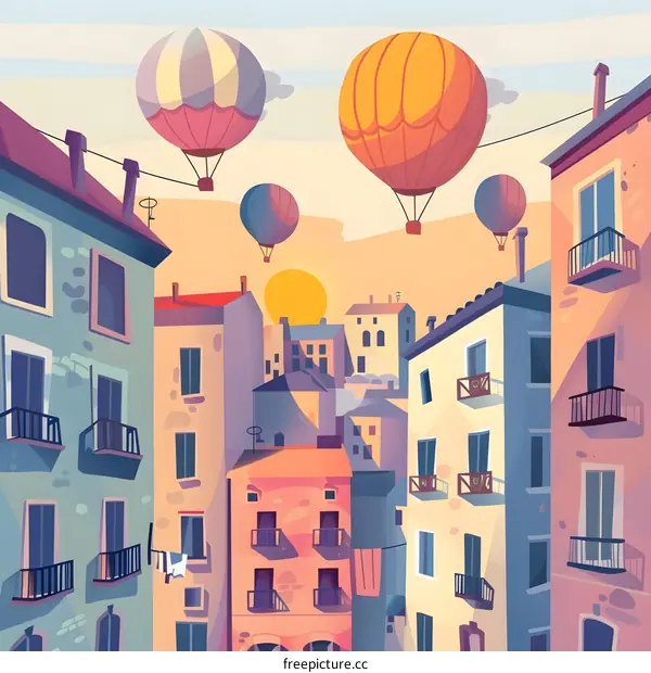 Colorful Illustration of Buildings with Hot Air Balloons in the Sky