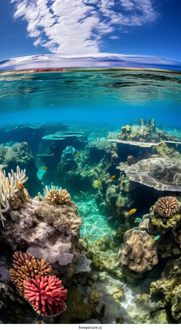 Underwater coral reef with various species of fish and coral
