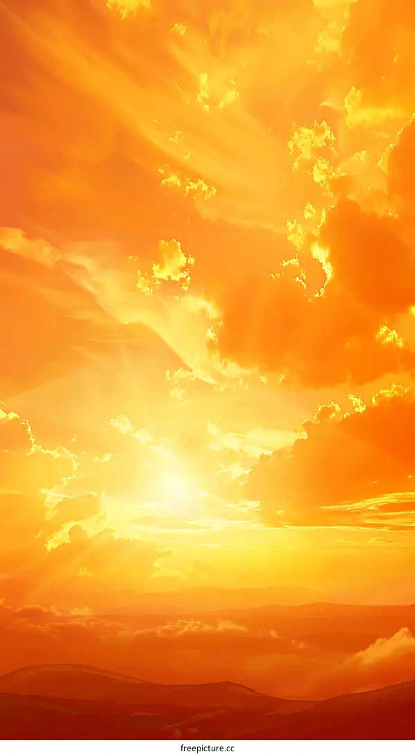 Orange Sunset Sky With Clouds And Hills