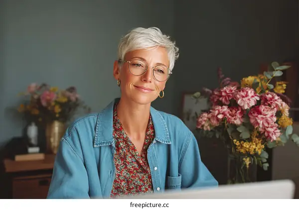 Woman with Glasses Working at Home with Flowers