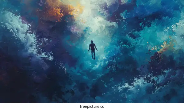 A man floating in a colorful ocean of abstract liquid