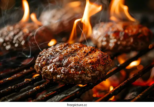 Beef patties sizzling on a flaming grill