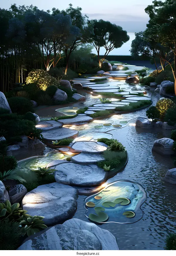 Stepping stones in a pond with lily pads and surrounded by trees and shrubs