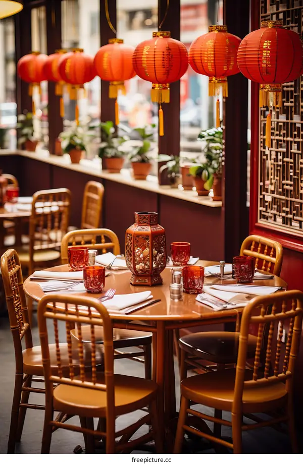 Ornate Chinese restaurant with round tables and red lanterns
