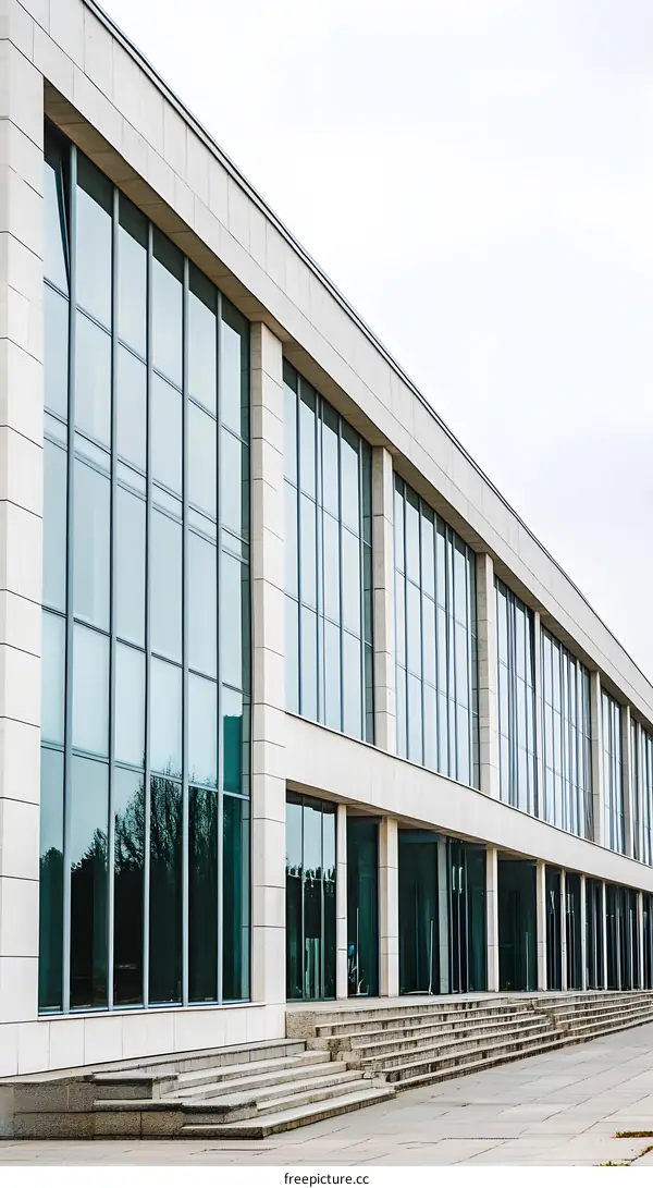 Modern Building Architecture with Glass Facade and Stone Walls