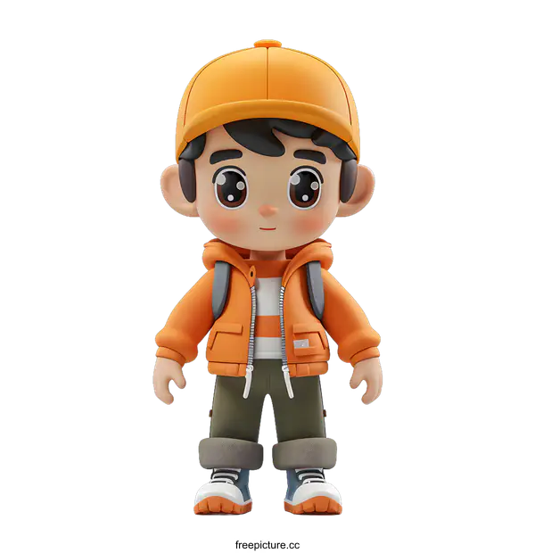 [Transparent Background PNG]3D rendering of a cute boy wearing an orange cap and jacket