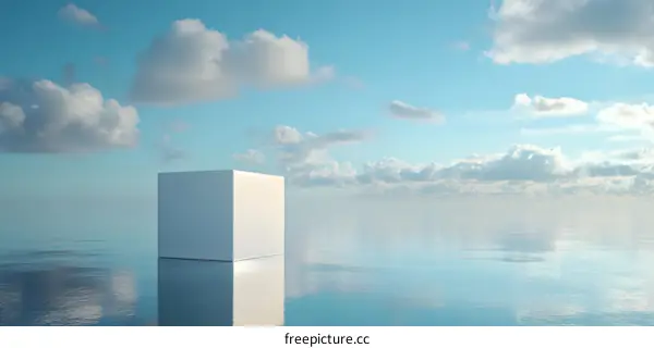 Minimalist Cube on Calm Water with Clouds