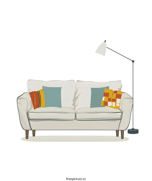 White Sofa with Floor Lamp and Cushions Illustration