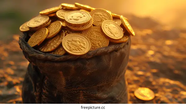 Golden coins spilling out of a leather pouch