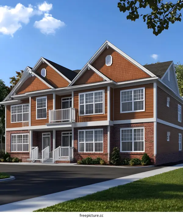 Modern Two Story Brown Brick Residential Building With White Trim