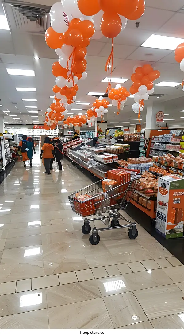 Orange and White Balloons Decorated Supermarket Aisle