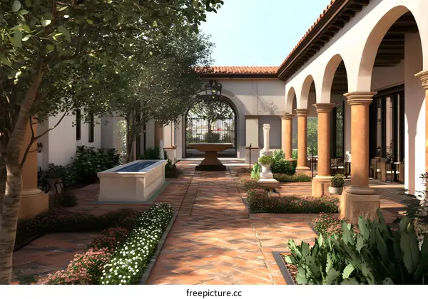 Courtyard with Arched Columns and Fountain