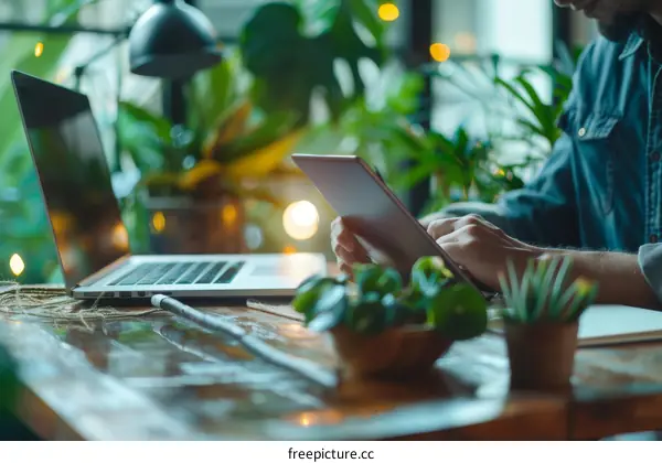 Man in denim shirt using digital tablet in home office