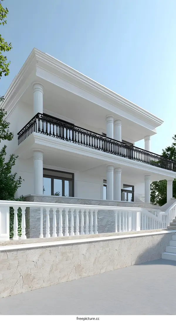 Modern White House with Columns and Balcony