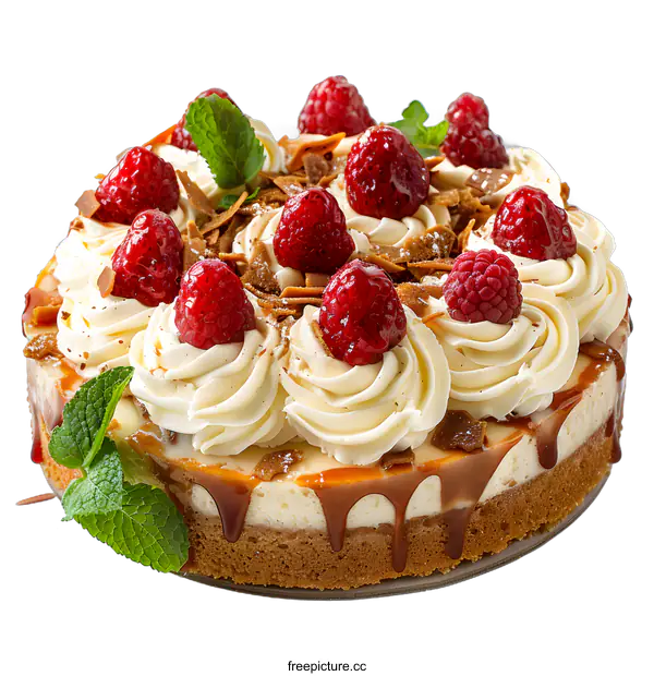 [Transparent Background PNG]Delicious cheesecake with raspberries and caramel