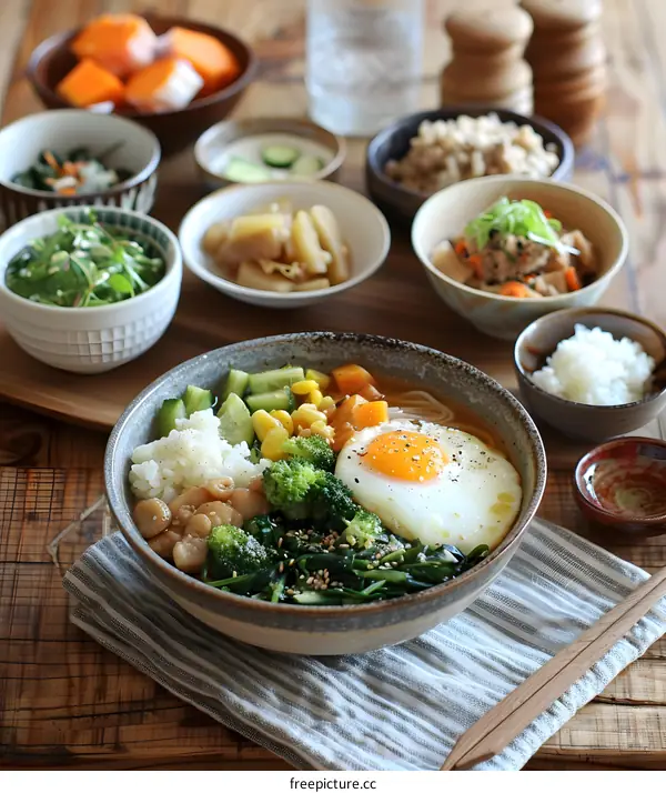 A delicious Japanese meal with rice, soup, and vegetables