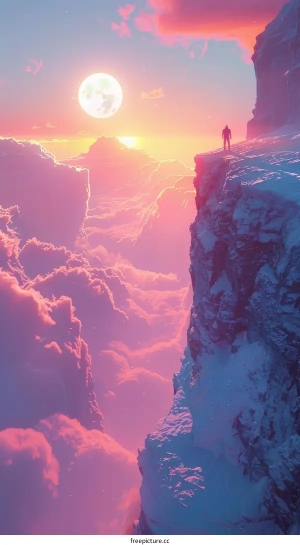 Man alone standing on a cliff and watching an inspiring sunset