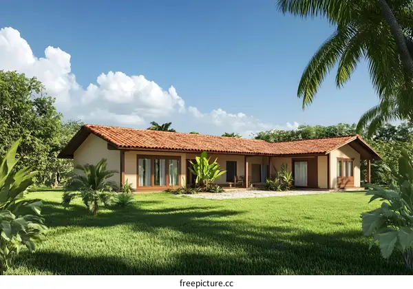 Tropical Style House with Palm Trees and Green Grass