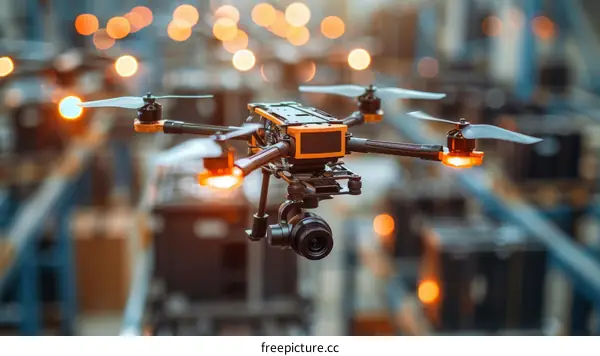 Orange Drone Flying in Warehouse for Efficient Logistics