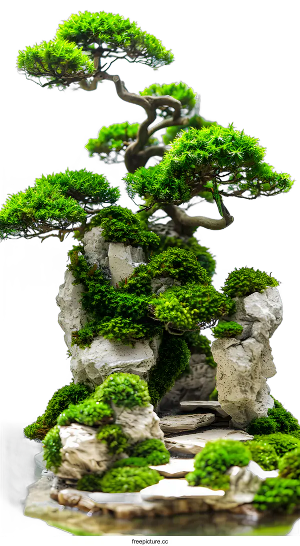 [Transparent Background PNG]Bonsai Tree Landscape With Green Moss And Rocks