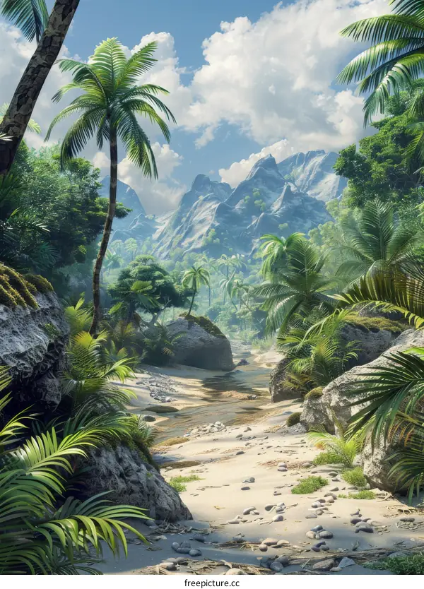 Vibrant Tropical Rainforest with Lush Vegetation and Towering Mountains