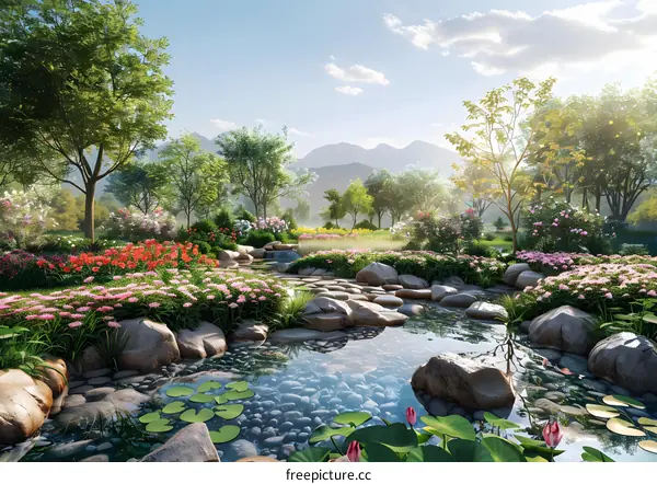 A beautiful garden with a river running through it