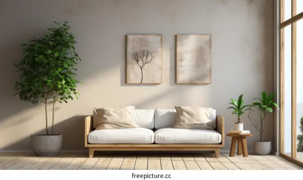 Airy minimalist living room interior with sofa, plants and paintings