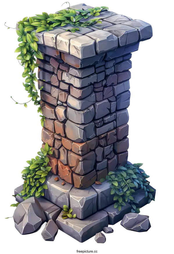 [Transparent Background PNG]Stone pillar with green plants growing on it
