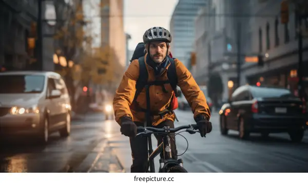 Cyclist rides through city streets