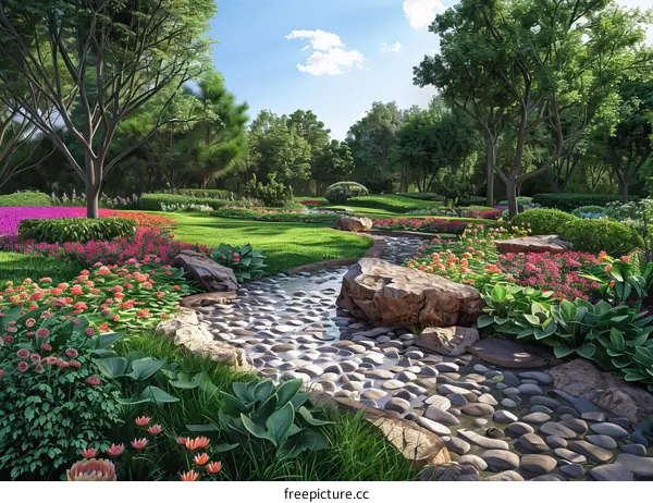 Landscaping with Colorful Flowers and Large Rocks