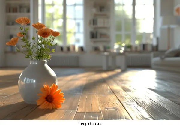 Orange flowers in a vase on a wooden table