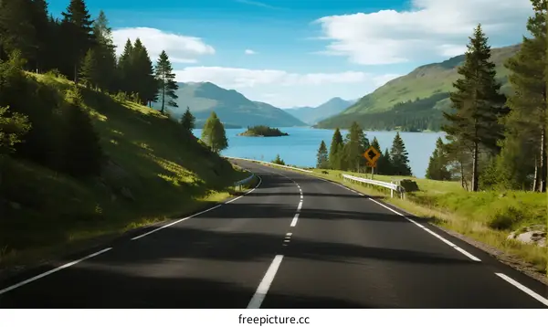 Scenic road with clear blue sky and beautiful lake view