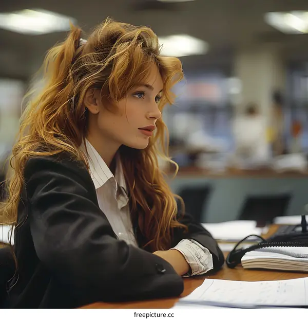 Portrait of a young woman with long red hair wearing a white blouse and black suit jacket