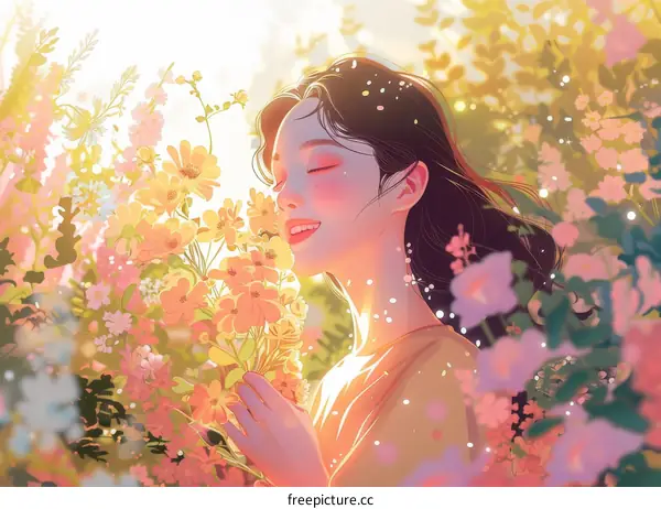 An illustration of a beautiful woman smelling flowers in a field of flowers