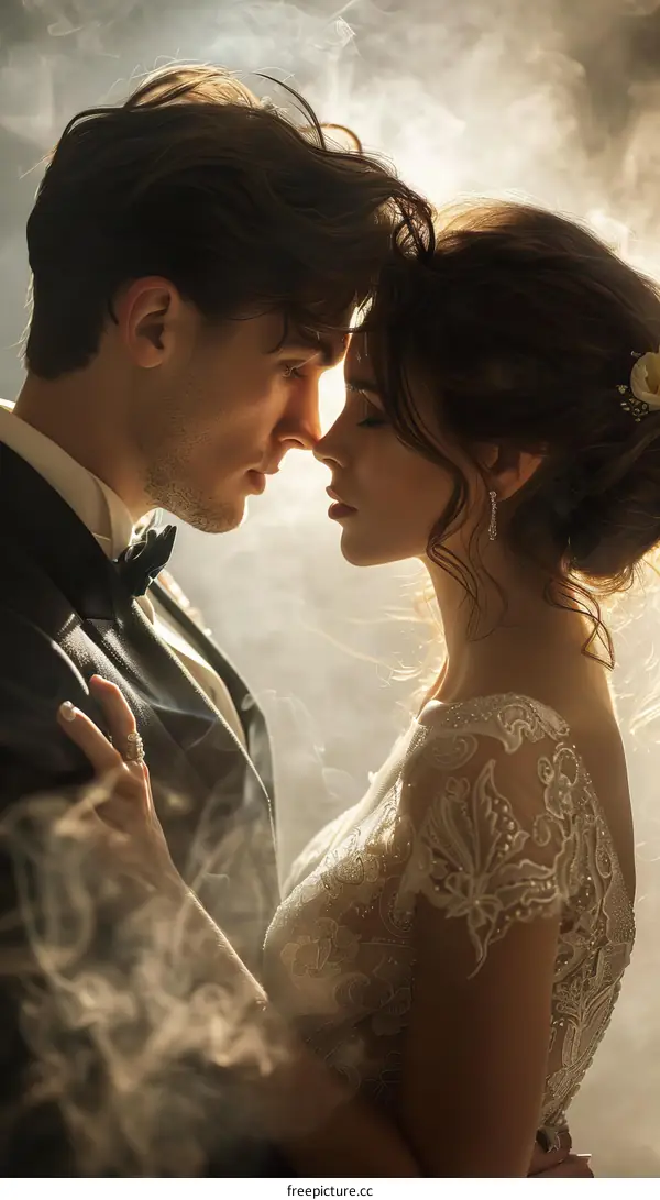 An intimate moment between a bride and groom