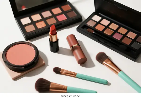 Assorted makeup products including palettes brushes and lipsticks