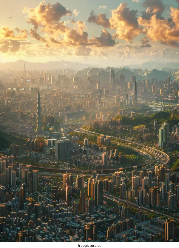 Futuristic City Skyline at Sunrise