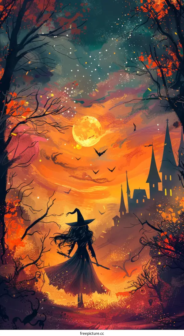 A witch stands in a spooky forest with a full moon in the background