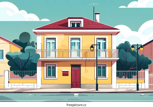 Yellow House With Red Door And Balcony On A Sunny Day