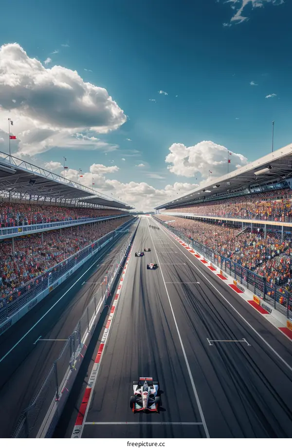 Formula One race cars speeding down a track