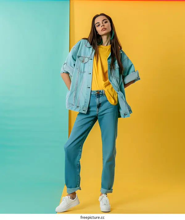 Woman In Blue Jeans And Denim Jacket Posing Against Turquoise And Yellow Background