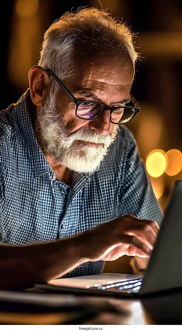 Senior Man with Glasses Using Laptop at Night
